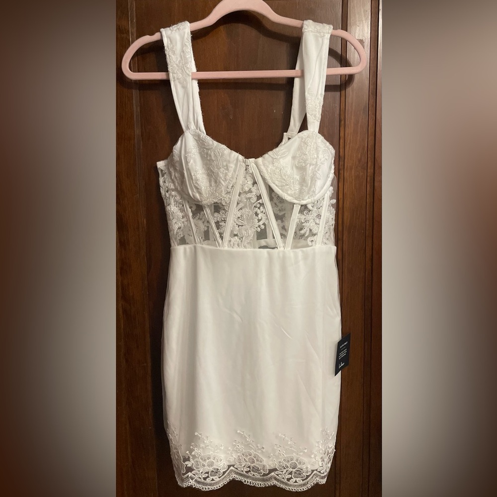 Lulu's White Sequin Mesh Embroidered Bustier Mini Dress